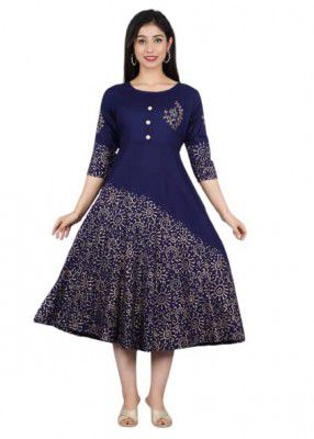 Womens Gold Printed Rayon Anarkali Kurta & Kurti