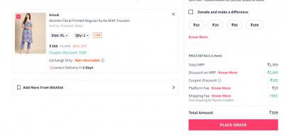 Myntra | Women's Kurta Set Loot | Minimum 80% off + Extra 25% off