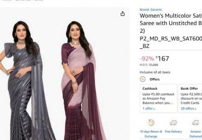 Women's Multicolor Satin Striped Printed Saree with Unstitched Blouse Piece (Pack of 2) P2_MD_RS_WB_SAT6001_1_WB_SAT6013_9_BZ