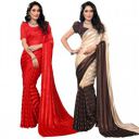Women's Multicolor Satin Striped Printed Saree with Unstitched Blouse Piece (Pack of 2)...