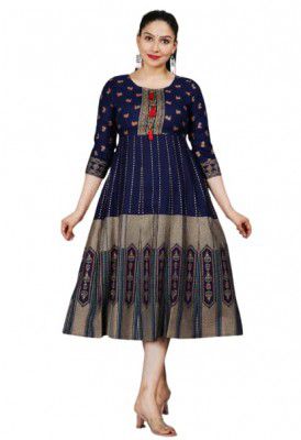 Womens Rayon Golden Print Anarkali Kurti (Blue)