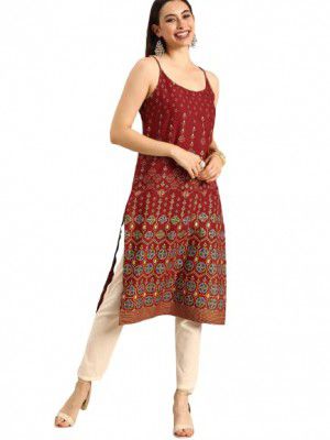 Womens Rayon Printed Sleeveless Straight Kurta with Pant Set