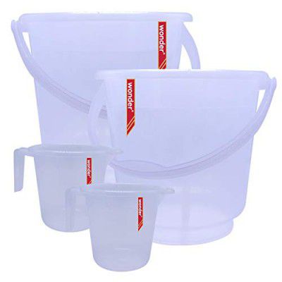 Wonder Plastic Bucket & Mug Combo Set for Home/Kitchen/Office, 18 Liters & 25 Liters Bucket, 1 Small & 1 Big Mug, Transparent, Made in India