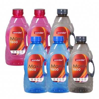 Wonder Plastic Maxo 1800 Fridge Water Bottle Set, 6 pc Bottle 1800 ml, Blue Grey Red Color, Made In India, KBS03575