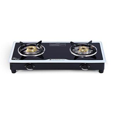 Wonderchef Platinum 2 Burner Glass Cooktop, Black 6mm Toughened Glass with 1 Year Warranty, Ergonomic Knobs, Stainless Steel Drip Tray, Manual Ignition Gas Stove