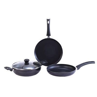 Wonderchef Platinum Plus Non-Stick Cookware Set, 4Pc (Kadhai with Lid, Fry Pan, Dosa Tawa), Induction Bottom, Cool-Touch Bakelite Handle, Pure Grade Aluminium, PFOA/Heavy Metals Free, 1 Year Warranty