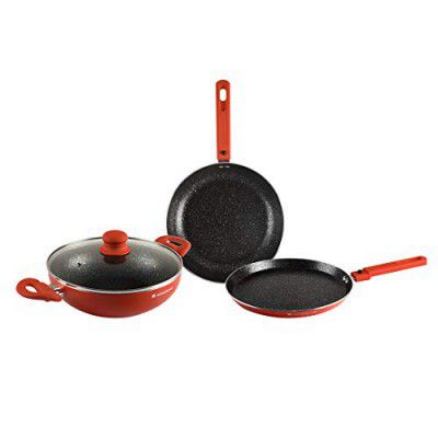 Wonderchef Power Non-Stick Cookware 4 pc Set | Kadhai with Glass Lid 2.6L, Dosa Tawa 25cm, Fry Pan 24cm | Induction Bottom | Soft Touch Handles | Pure Grade Aluminium | PFOA Free