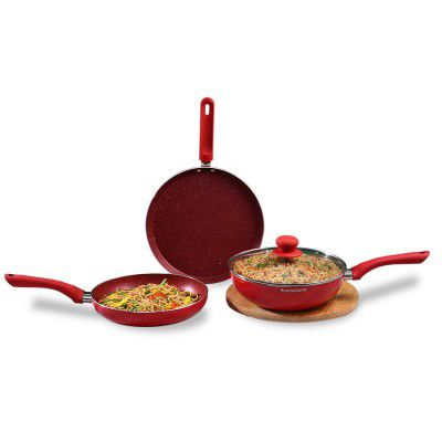 Wonderchef Royal Velvet Non-Stick 4 Piece Cookware Set|Fry Pan 2 Years Warranty|Red