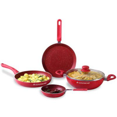 Wonderchef Royal Velvet Non-stick 5 piece Cookware Set|Fry Pan |3 mm thick|2 years warranty|Red