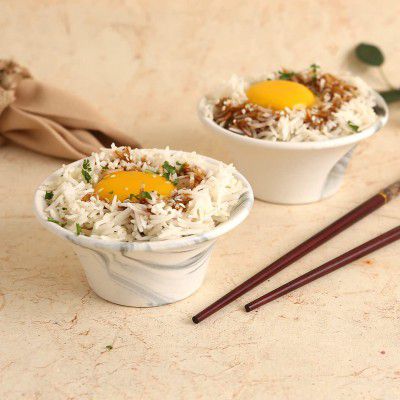 Wonderchef Teramo Stoneware Japanese Bowl 210 ml - Marble White, Set of 2