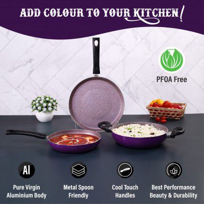 Wonderchef Valencia Non-Stick Cookware 3 Piece Set | Kadhai, Fry Pan, Dosa Tawa | Cool Touch Bakelite Handles | Pure Grade Aluminium| PFOA Free| 2 Years Warranty | Purple