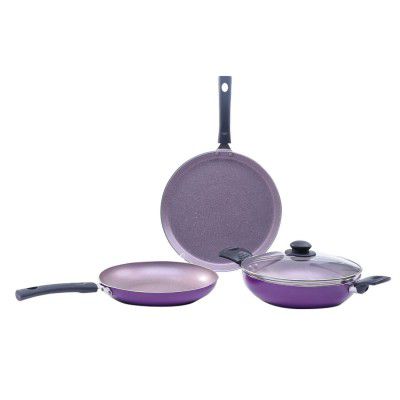 Wonderchef Valencia Non-Stick Cookware 4 Piece Set | Kadhai with Lid, Fry Pan, Dosa Tawa | Induction Friendly design | Cool Touch Bakelite Handles | Pure Grade Aluminium| PFOA Free| 2 Years Warranty |