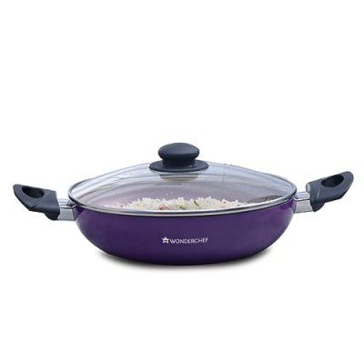 Wonderchef Valencia Non-Stick Kadhai with Glass Lid | 1 Year Warranty | Purple