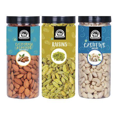 WONDERLAND FOODS - Healthy Dry Fruits Combo Pack 1.5Kg (500g X 3) | Almonds (NP), Cashews (W-320), Long Green Raisins Jar | Nutritious & Delicious High in Fiber & Boost Immunity
