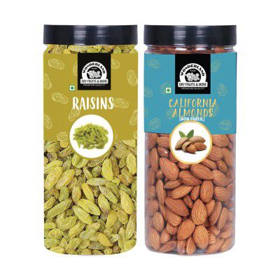 WONDERLAND FOODS (DEVICE) Premium 1kg Dry Fruits Combo Pack of (500g California Almonds (NP) + 500g Raisin) in reusable Food Grade Jar