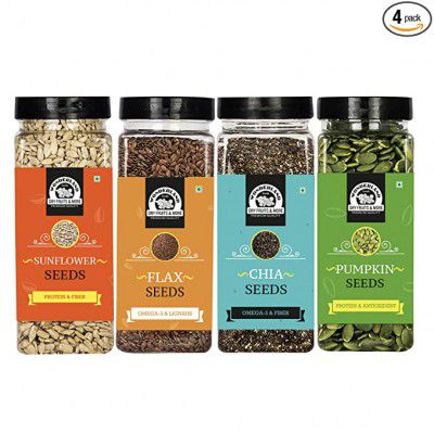 Wonderland Foods Roasted Seeds Combo 800g (200g X 4) | Chia 200g, Pumpkin 200g, Sunflower 200g and Flax Seeds 200g Jar