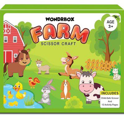 WONDRBOX Scissor Craft Activity Kit for Girls and Boys Age 3 4 5 6 Girls and Boys | Each Pack Includes: 12 DIY 3D Paper Crafts, Child-Safe Scissor and Glue (Farm Animals)