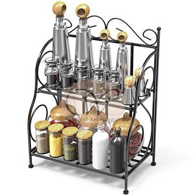 WOOD ART STORE Spice Rack, 2-Tier Foldable Shelf Rack Kitchen Bathroom Countertop, 2-Tier Standing Storage Organizer Spice Jars Bottle Shelf Holder Rack -Black 