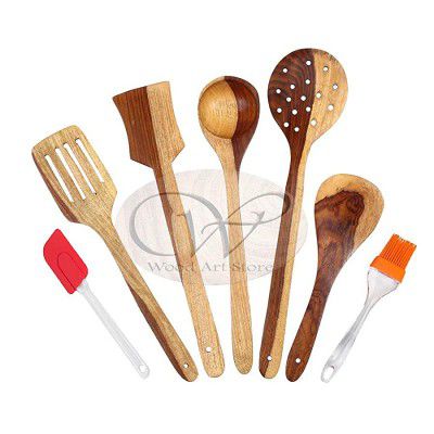 Wood Art Store Wood Sheesham Cooking Spoons set of 7 Piece