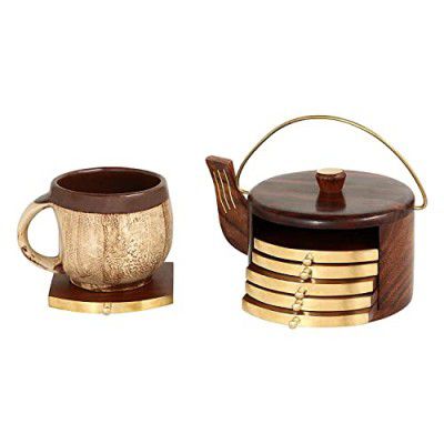 Wood Table Coaster Set of 6 for Tea Cups Coffee Mugs Beer Cans Bar Tumblers and Water Glasses (Kettle Shape)