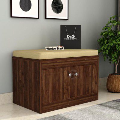 Wooden Street Anton Shoe Rack with Cushion Seat | Engineered Wood Horizontal 2 Doors Shoe Cabinet with Seat (24 L x 15 W x 17 H Inches) | Columbian Walnut Finish with 1 Year Warranty