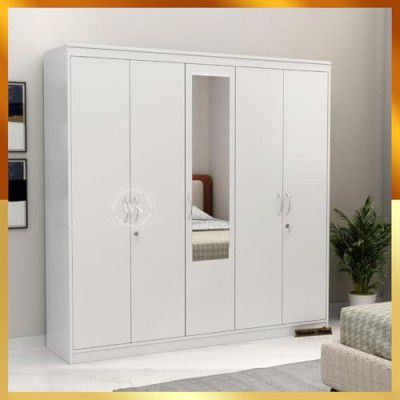Wooden Street Mahin 5-Door Wardrobe Stylish Wooden Almirah with Hanging Rod, Mirror, Lock, and Handles in Frosty White Finish, 1-Year Warranty