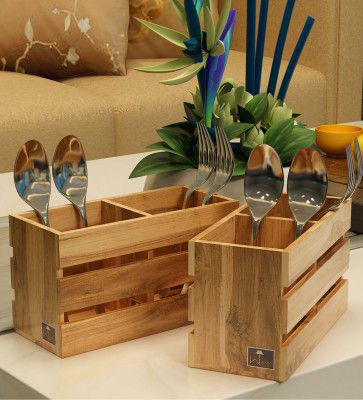 Wooden Twist : Teak Wood Besteck Cutlery Holder In Natural Finish Set of 2