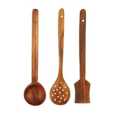 Woodrich W-Kt-3 Wooden Serving Spoon Set Kitchen Tools Ladle, Skimmer Jara, Turner Palta Tavitha (Brown, Standard) - Set of 3 Pc