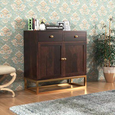 Woodrilon Solid Sheesham Wood Wooden Sideboard Storage Cabinet : Ideal for Living Room and Bedroom with 2 Drawers and 2 Door Storage with Metal Stand (Design 4)