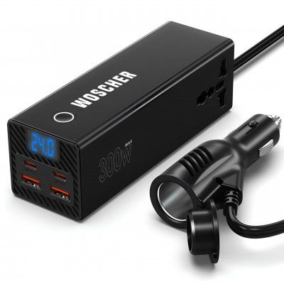 Woscher 300W Car Laptop Charger Power Inverter 2 USB (24W Max), 2 C Type (36W Max) & 2 AC Universal Socket (300W Max) DC 12V to 220V AC Car Charger Converter,Multiple Deice Use|18 Months Warranty