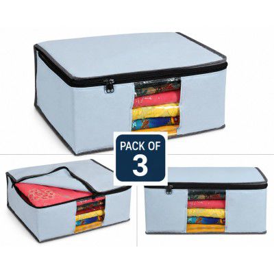 Woven Foldable Saree Cover/Cloth Storage Bag/Wardrobe Organizer with Zip & Transparent Window For Lehenga | Pack Of 3
