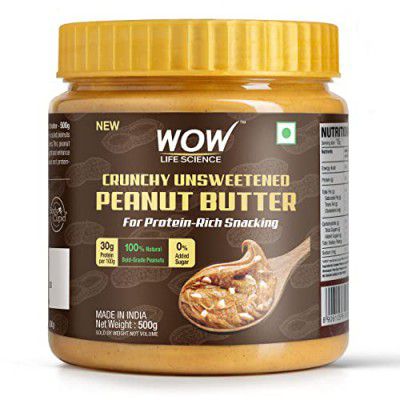 WOW Life Science - Peanut Butter Unsweetened (Crunchy) - 500 gm | High Protein with 30g Protein per 100g | For Protein Rich Snacking - Weight Management, Muscle Building & Healthy Lifestyle