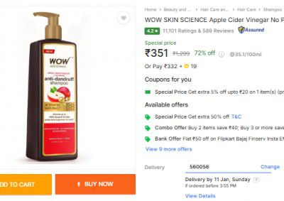 WOW SKIN SCIENCE Apple Cider Vinegar No Parabens & Sulphate Shampoo, 1L