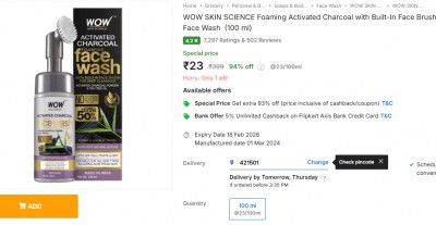 WOW SKIN SCIENCE Foaming Activated Charcoal with Built-In Face Brush for deep cleansing Face Wash  (50 ml Extra in Pack)  (100 ml)