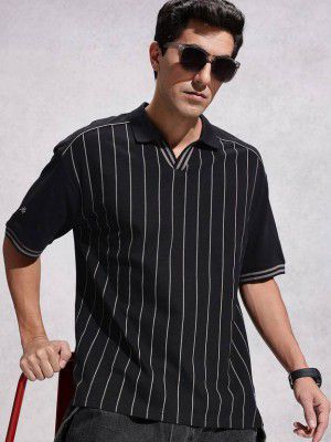 WROGN  Men Striped Polo Neck Pure Cotton Black T-Shirt