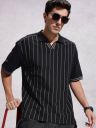 WROGN  Men Striped Polo Neck Pure Cotton Black T-Shirt...