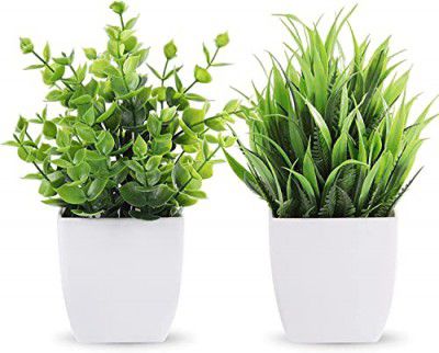 WYTE ORIGIN Artificial Potted Plants, Green Artificial Plastic Eucalyptus Plants Small Indoor Potted Houseplants, Small Faux Plants for Home Decor Bathroom Office Farmhouse. (Set-2)