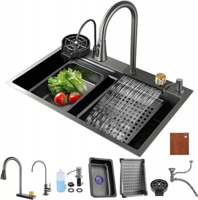 X-XONIER Kitchen Sink All In One 304 Grade Stainless Steel Multipurpose Multifunction 3 Mode Tap with Pullout Feature Cup Washer Single Bowl Kitchen Sink (30" x 20" x 9")