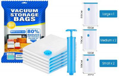 XBEY Space Saver Compression Sealer with Manual Pump Hanging Travel Storage Vacuum Bags (Pack of 5)