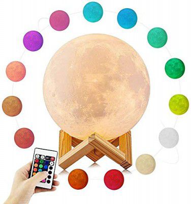 XERGY 3D Printed Rechargeable Moon Lamp with Touch Control Adjust Brightness Light with Wooden Standfor Home Decoration rakshabandhan Gift for Sister (15 cm Multi Color - 16 Colors with Remote)