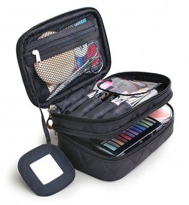 XIZIS Polyester waterproof multifunctional extra large cosmetic bag for women, travel cosmetic bag pouch for Girls, makeup organizer bag for travelling, travel toiletry kit case - Black