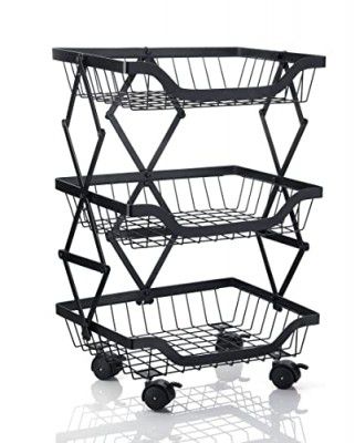 XL Kitchen 3 Layer Folding & Movable Storage Basket with Lockable Wheels (Color - Black, Folding)