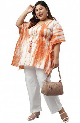 XL LOVE - By Janasya Women's Off White Cotton Tie Dye Kaftan Tunic