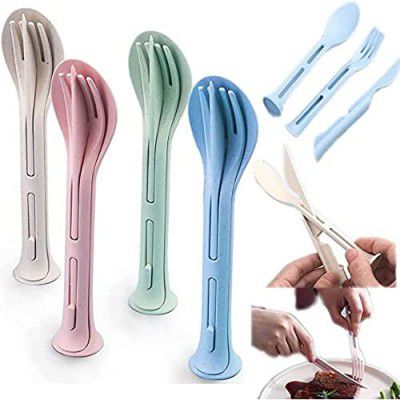 XML 3 in 1 Spoon Set | Plastic Spoon, Fork and Knife Set | Kitchen Cutlery Set | Baby Spoon for Travel, School, Picnic, Office, Daily Use (Multicolor, Pack of 1)