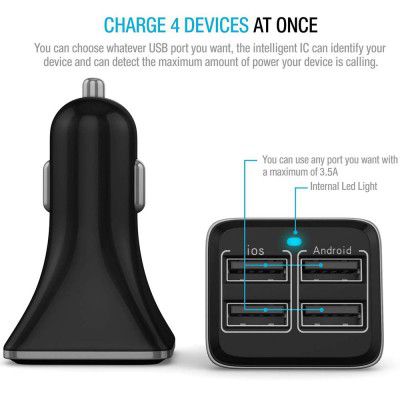 XORB® PowerBolt 4 USB Smart 3.4A Car Charger (Jet Black)