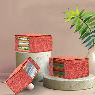 Xtore Saree/Clothes Storage Superior 90 GSM Cover Orange Leheriya Print with Zipper Closure & Transparent Window (Pack of 3, Orange)