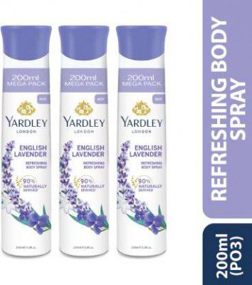 Yardley London English Lavender Refreshing Body Spray 200ml Deodorant Spray - For Women (600 ml, Pack of 3)