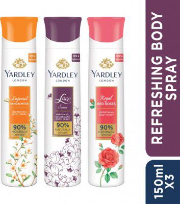 Yardley London Lace Satin, Imperial Sandalwood, and Royal Red Roses Refreshing Body Spray - For Women (450 ml, Pack of 3)