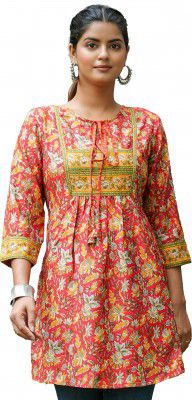 Yash Gallery Women's Floral Placement 3/4 Sleeve and Keyhole Neck Printed Short Kurti