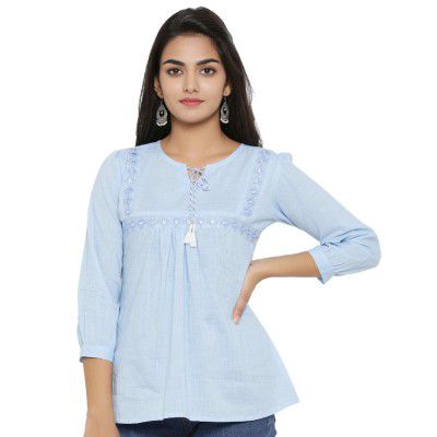 Yash Gallery Women's Regular Solid Embroidered Straight Regular Fit Tops